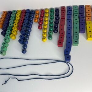Vintage Kids Wooden String Beads Blocks Multicolor with 65” String 138 Beads